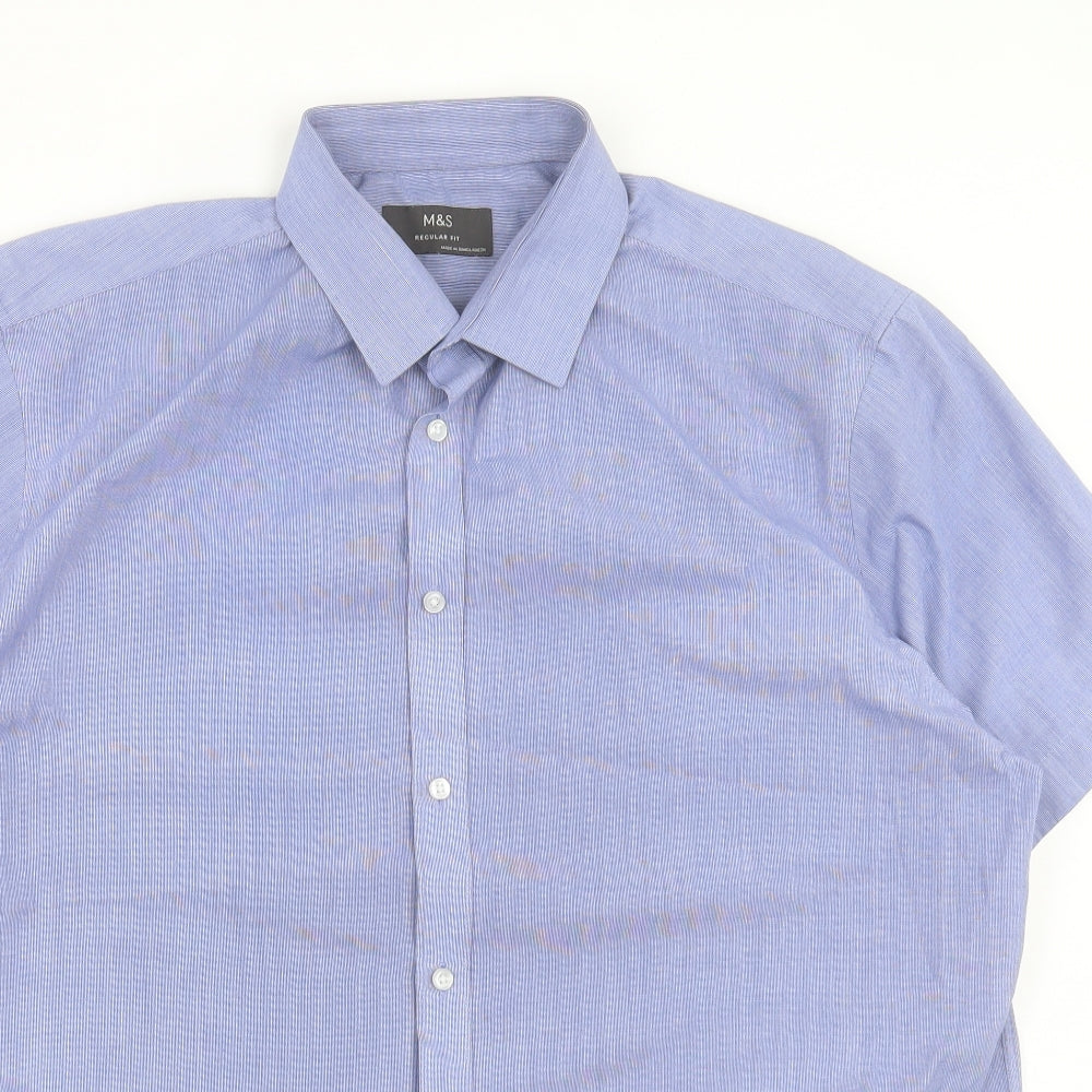 Marks and Spencer Mens Blue Cotton Button-Up Size 17.5 Collared Button
