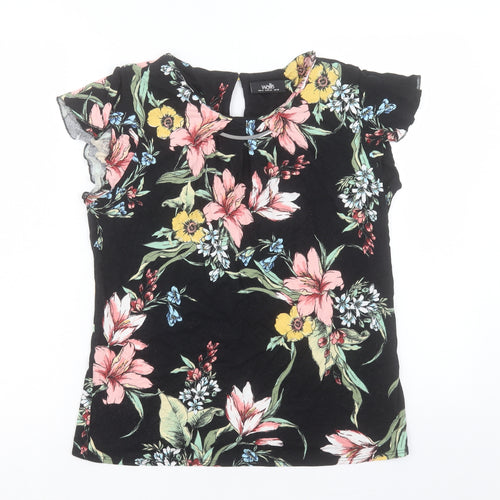 Wallis Womens Black Floral Viscose Basic T-Shirt Size 14 Crew Neck