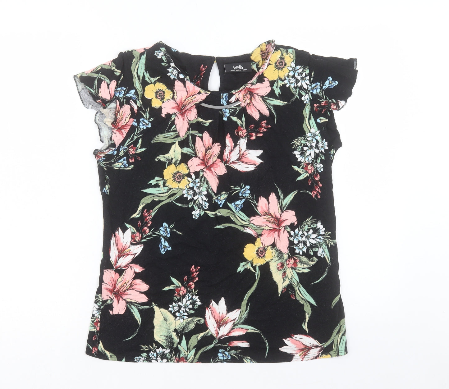 Wallis Womens Black Floral Viscose Basic T-Shirt Size 14 Crew Neck