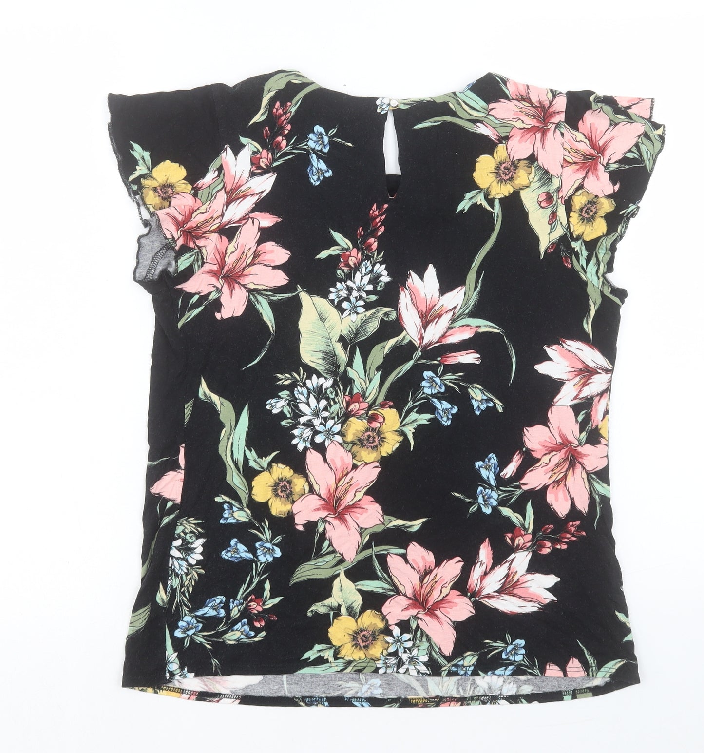 Wallis Womens Black Floral Viscose Basic T-Shirt Size 14 Crew Neck