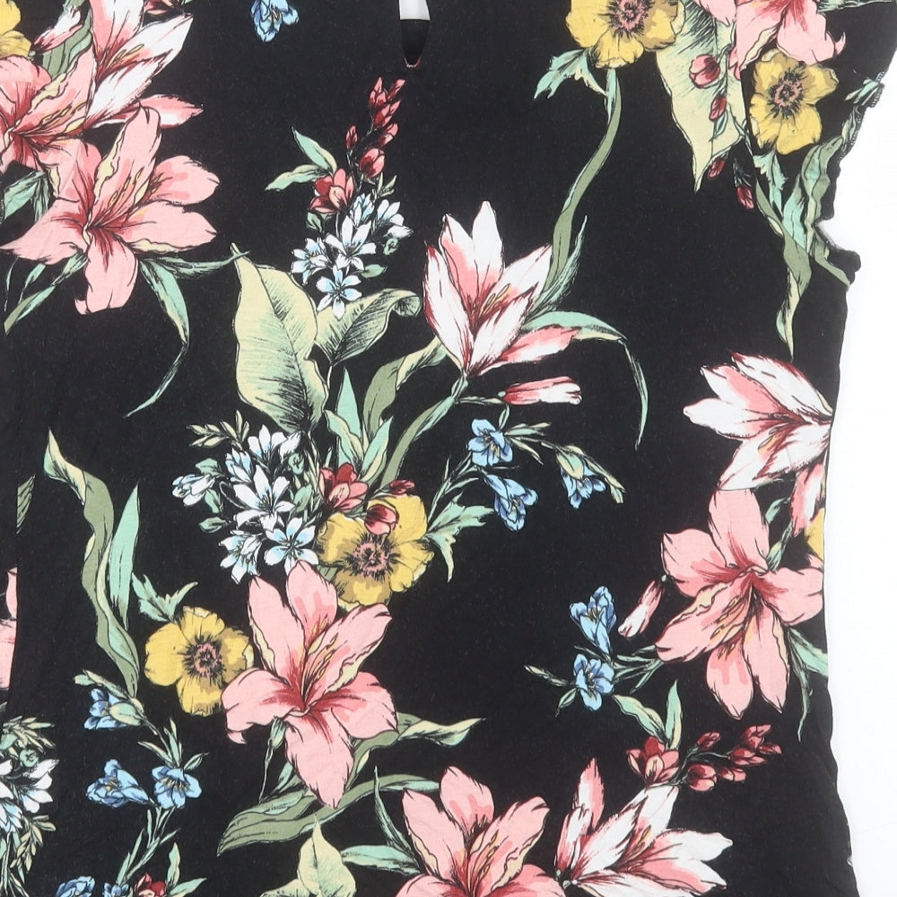 Wallis Womens Black Floral Viscose Basic T-Shirt Size 14 Crew Neck