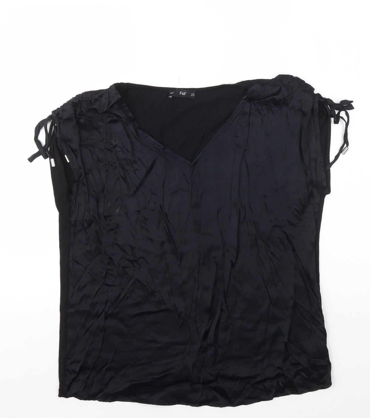 F&F Womens Black Viscose Basic T-Shirt Size 14 V-Neck - Tie Shoulder Detail