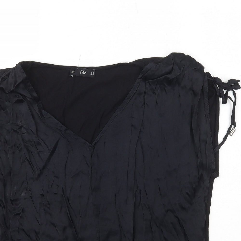 F&F Womens Black Viscose Basic T-Shirt Size 14 V-Neck - Tie Shoulder Detail