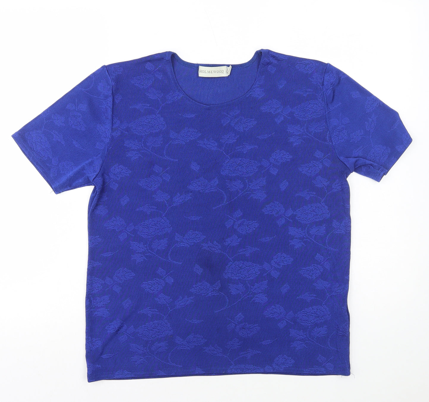 Holmewood Womens Blue Floral Polyester Basic T-Shirt Size L Round Neck