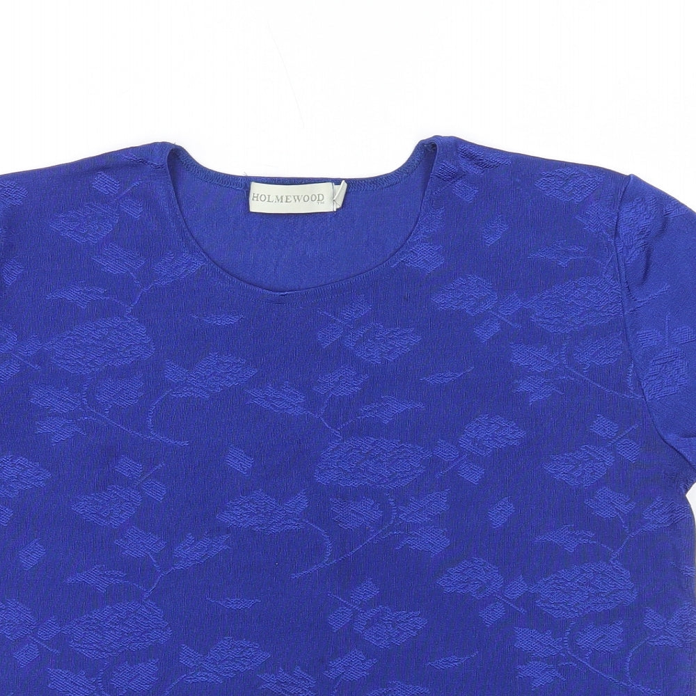 Holmewood Womens Blue Floral Polyester Basic T-Shirt Size L Round Neck