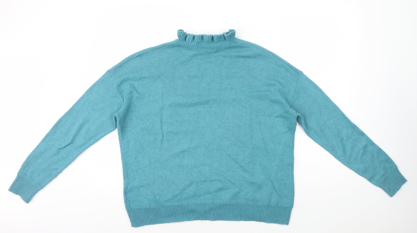 Marks and Spencer Womens Blue High Neck Acrylic Pullover Jumper Size M - Frill Neck