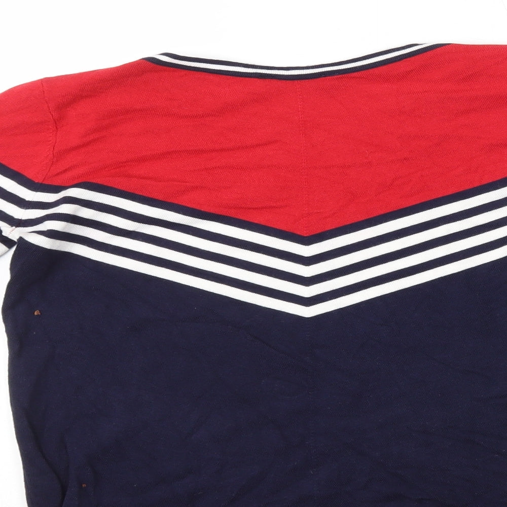 Classic Womens Blue Round Neck Striped Polyester Pullover Jumper Size 10 - Button Detail on Shoulder