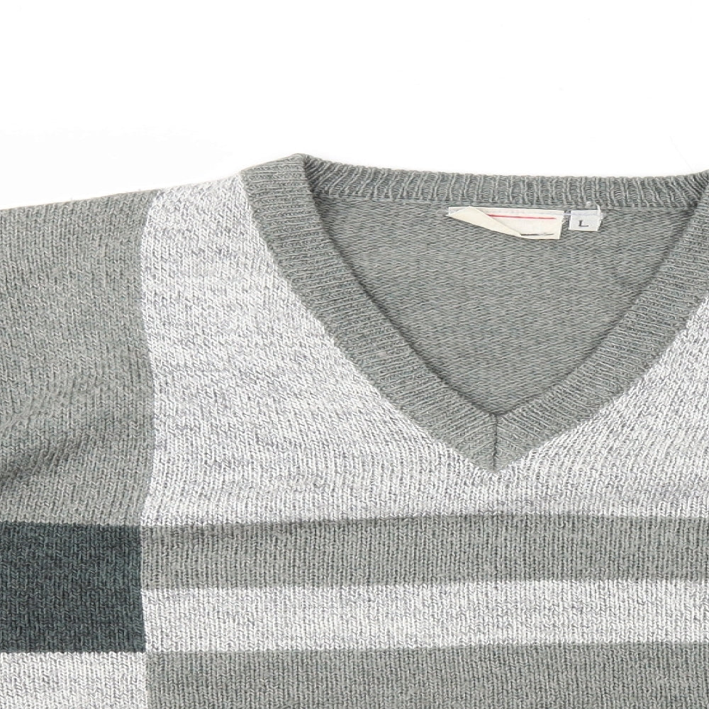 Tootal Womens Grey V-Neck Check Acrylic Pullover Jumper Size L