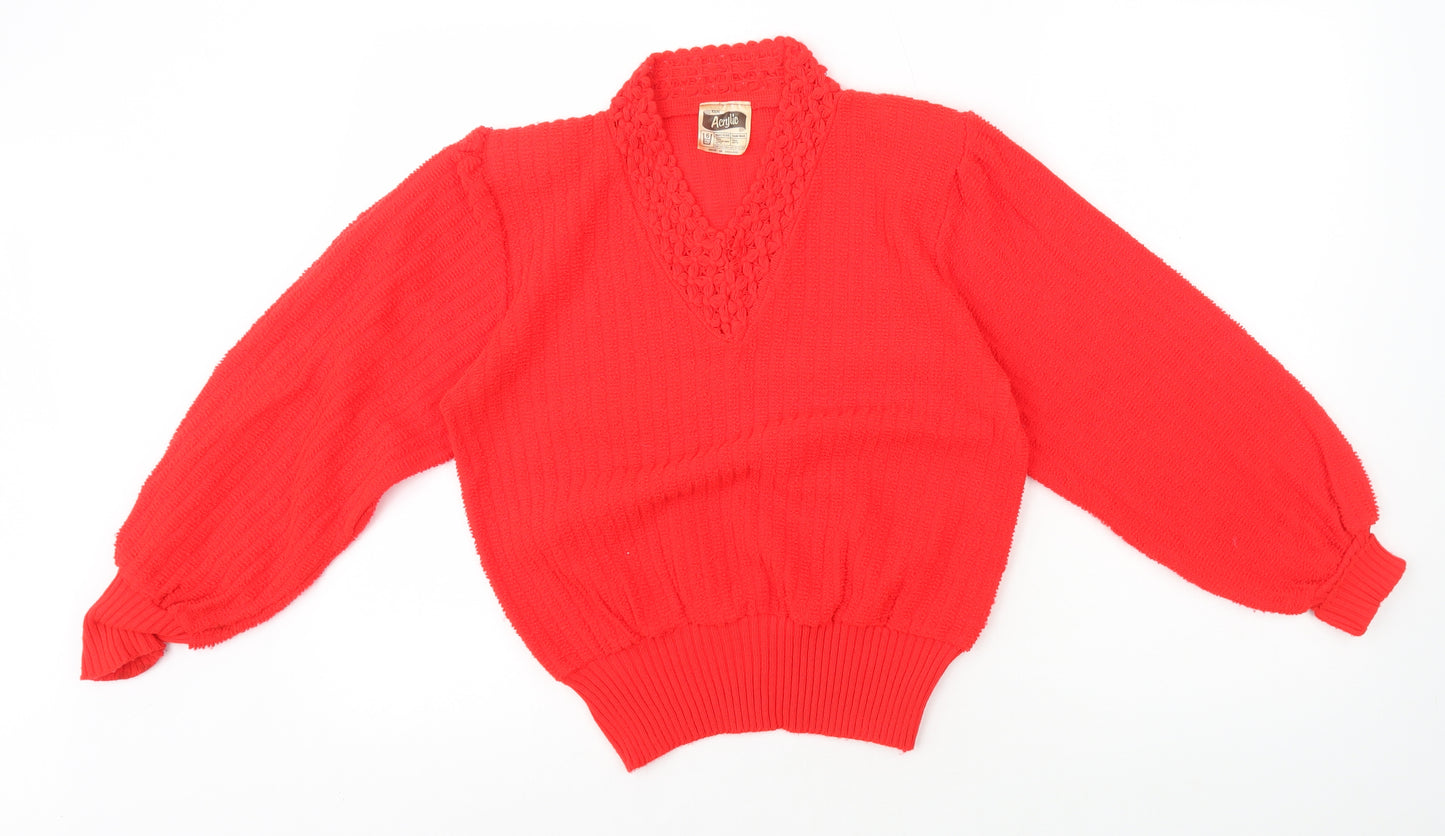 Preworn Womens Red V-Neck Acrylic Pullover Jumper Size S