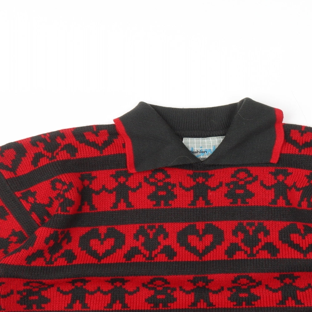 Link Fashion Womens Red Collared Geometric Acrylic Pullover Jumper Size S