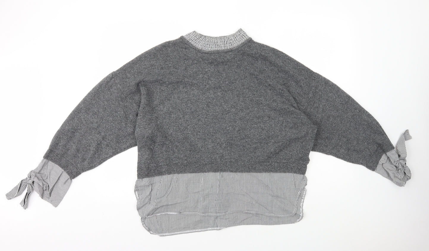 Topshop Womens Grey High Neck Striped 100% Cotton Pullover Jumper Size 16 - 2in1 Under Shirt