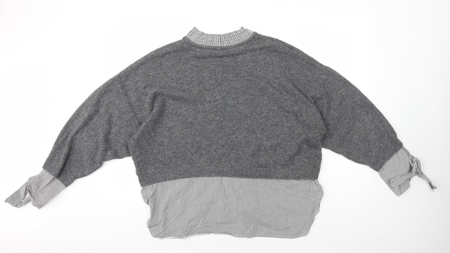 Topshop Womens Grey High Neck Striped 100% Cotton Pullover Jumper Size 16 - 2in1 Under Shirt