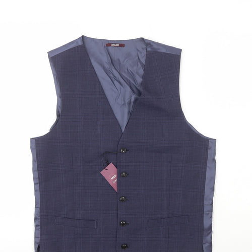 Marks and Spencer Mens Blue Plaid Wool Jacket Suit Waistcoat Size L