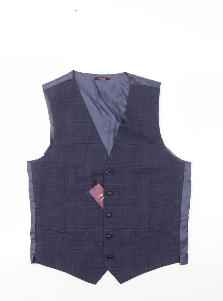 Marks and Spencer Mens Blue Plaid Wool Jacket Suit Waistcoat Size L