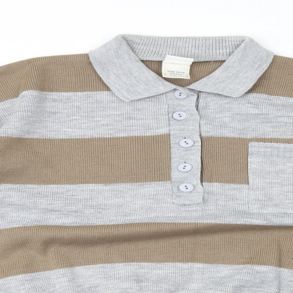 Yours Womens Grey Collared Striped Acrylic Pullover Jumper Size 10