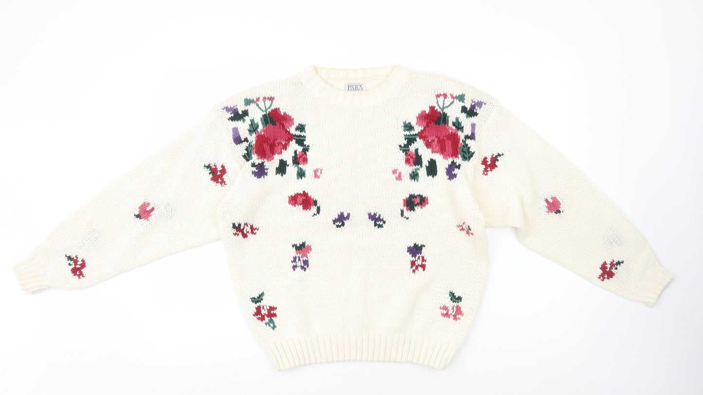 Para Womens White Crew Neck Floral Acrylic Pullover Jumper Size M