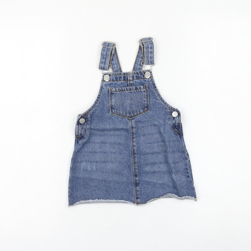 Primark Girls Blue Cotton Pinafore/Dungaree Dress Size 12-18 Months Square Neck Buckle