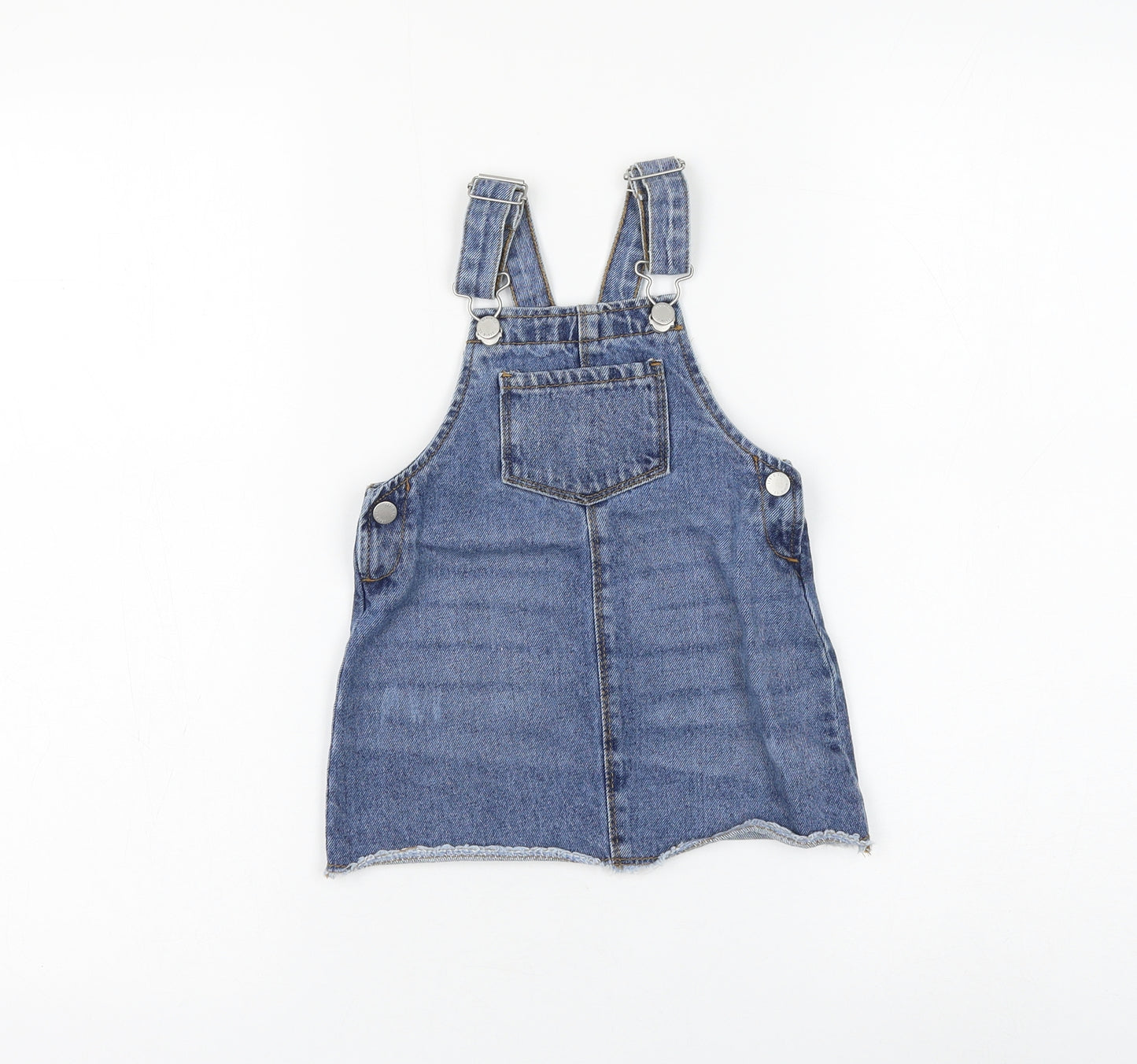 Primark Girls Blue Cotton Pinafore/Dungaree Dress Size 12-18 Months Square Neck Buckle