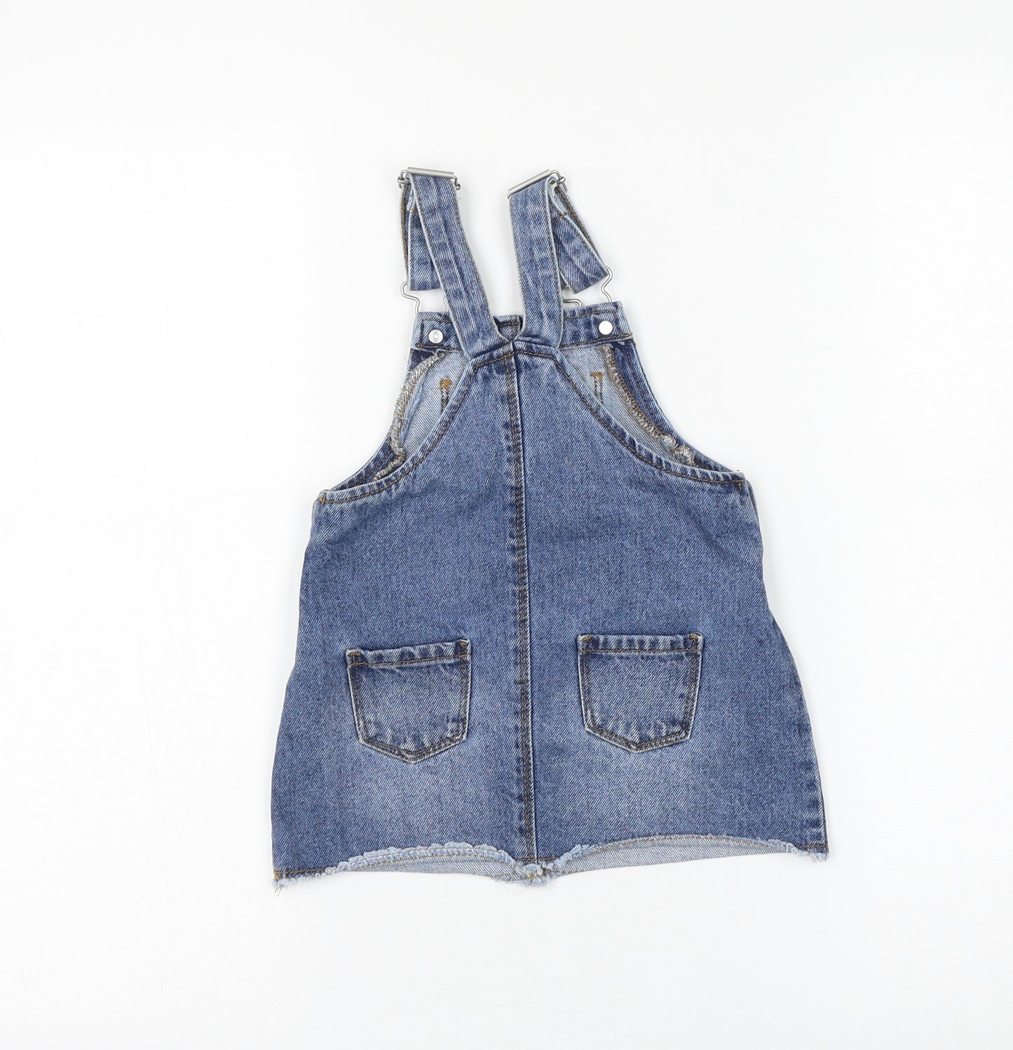 Primark Girls Blue Cotton Pinafore/Dungaree Dress Size 12-18 Months Square Neck Buckle