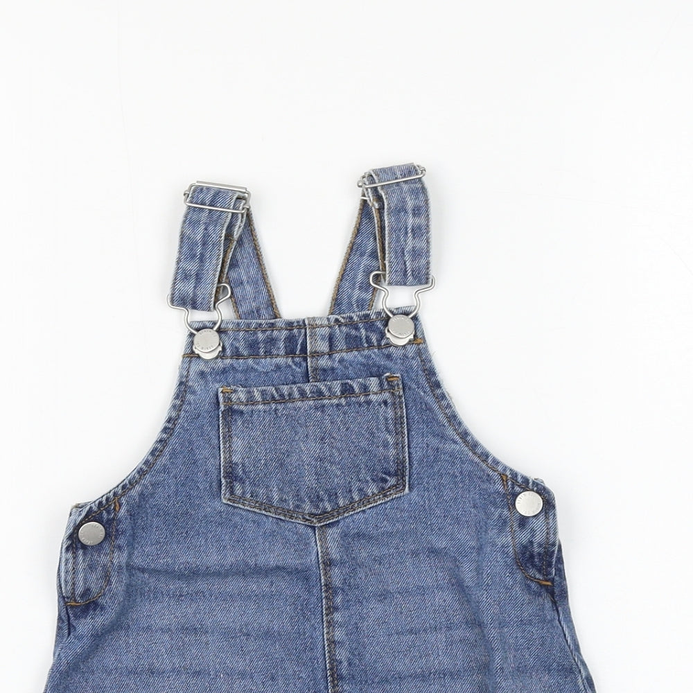 Primark Girls Blue Cotton Pinafore/Dungaree Dress Size 12-18 Months Square Neck Buckle