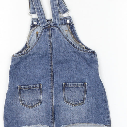 Primark Girls Blue Cotton Pinafore/Dungaree Dress Size 12-18 Months Square Neck Buckle