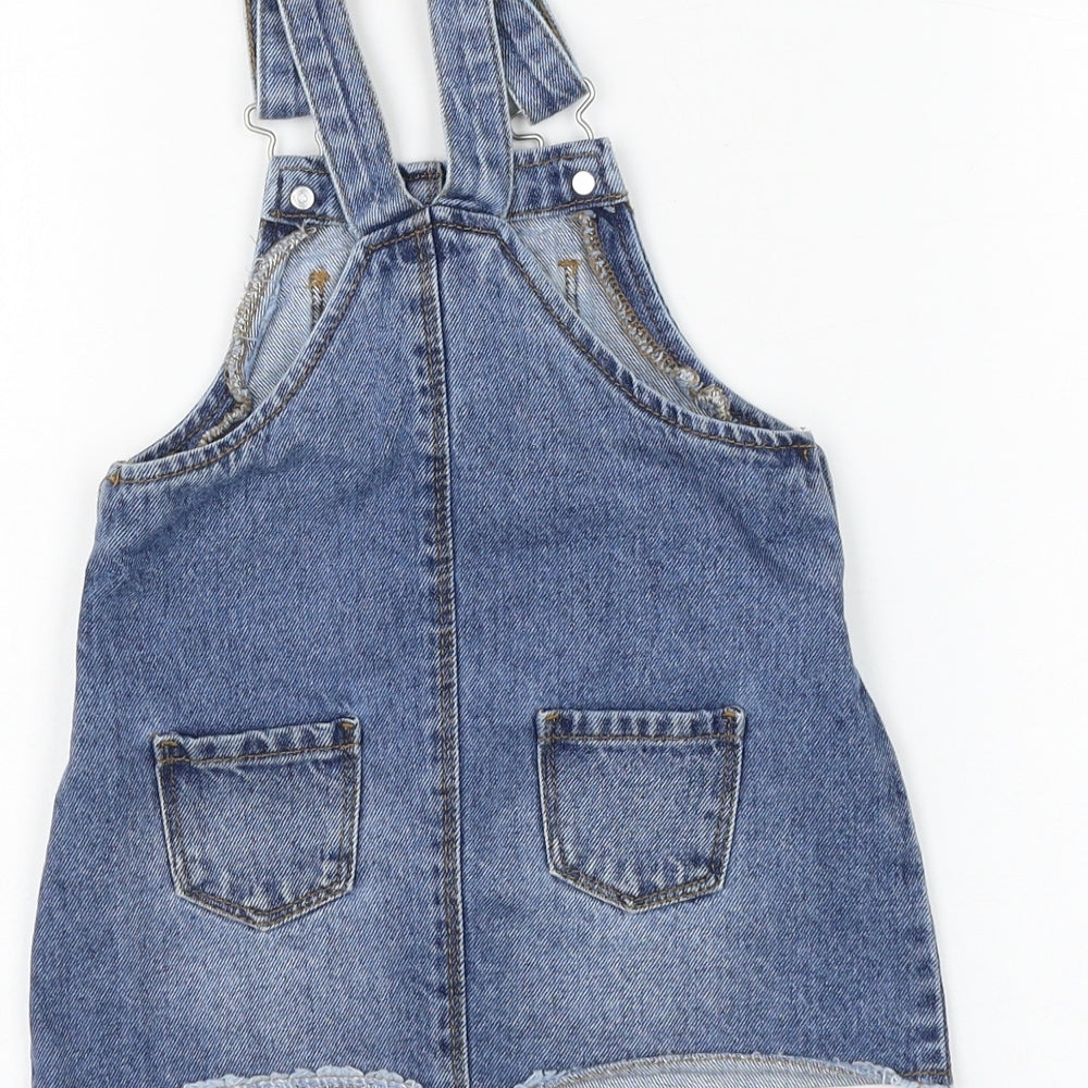 Primark Girls Blue Cotton Pinafore/Dungaree Dress Size 12-18 Months Square Neck Buckle