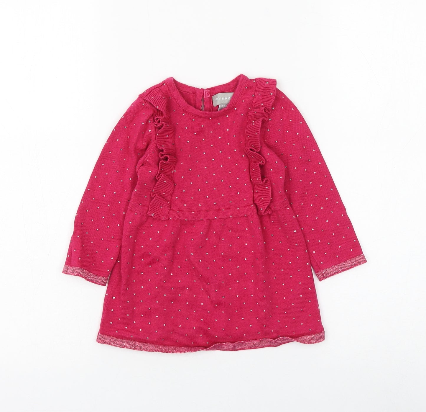 Primark Girls Pink Polka Dot Cotton Jumper Dress Size 9-12 Months Round Neck Button