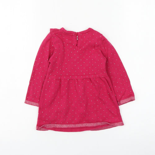 Primark Girls Pink Polka Dot Cotton Jumper Dress Size 9-12 Months Round Neck Button