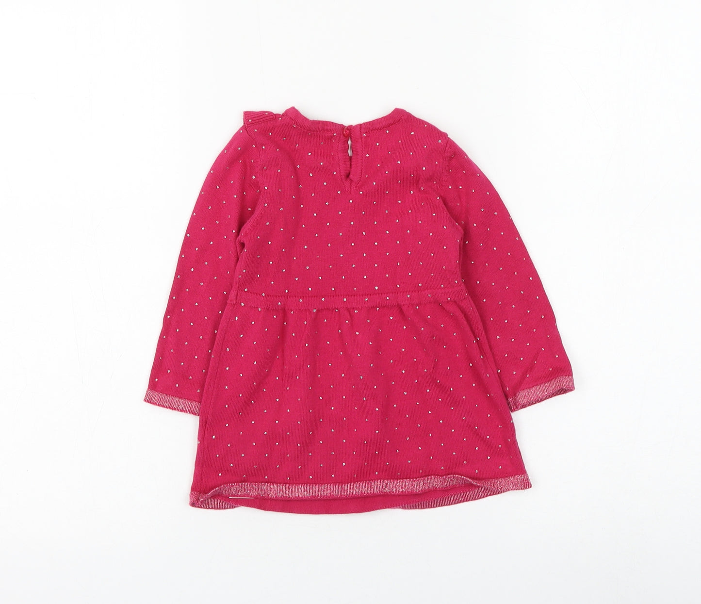 Primark Girls Pink Polka Dot Cotton Jumper Dress Size 9-12 Months Round Neck Button