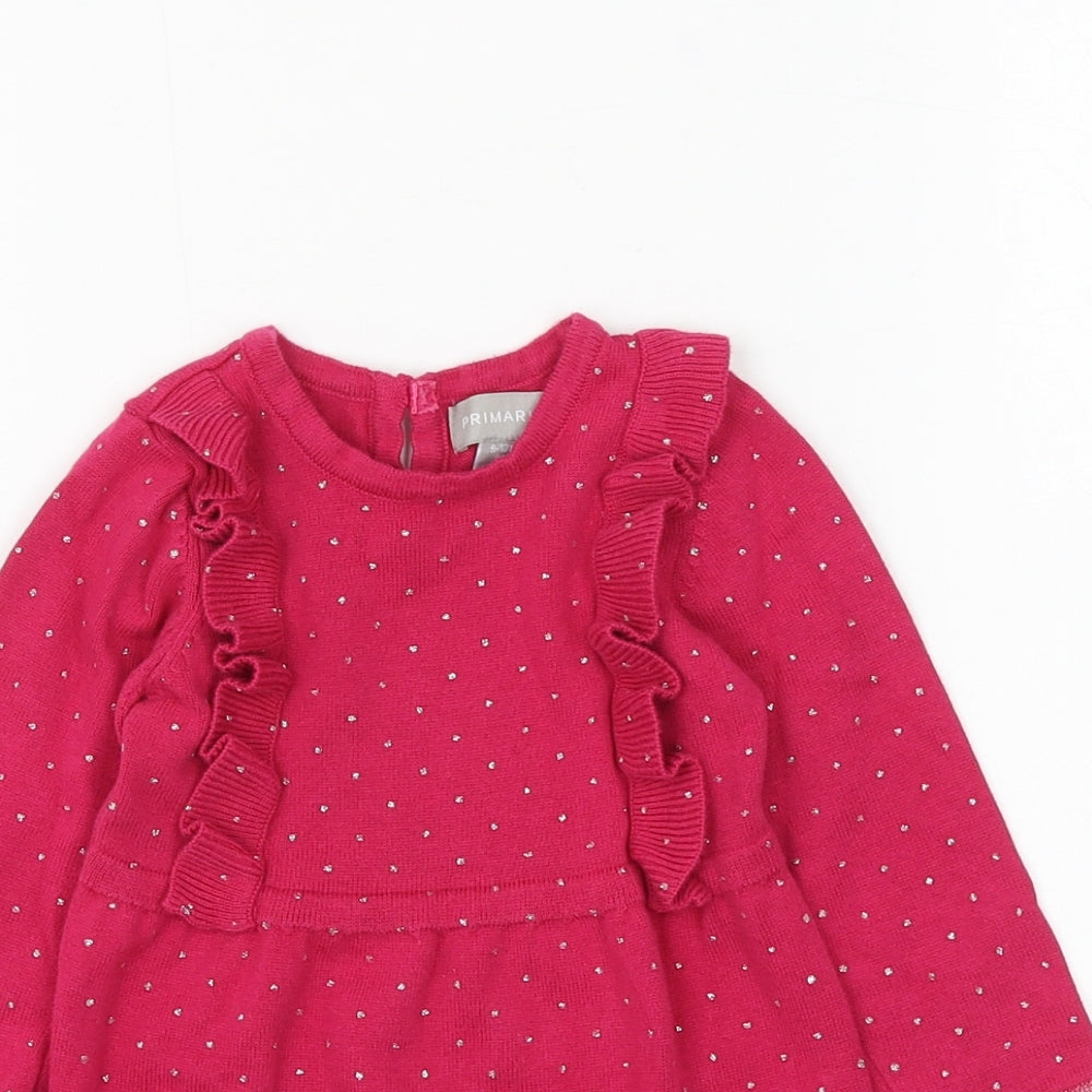 Primark Girls Pink Polka Dot Cotton Jumper Dress Size 9-12 Months Round Neck Button
