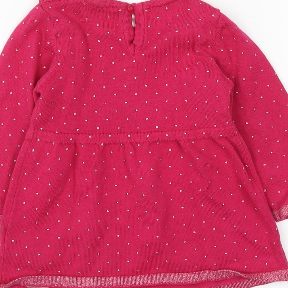 Primark Girls Pink Polka Dot Cotton Jumper Dress Size 9-12 Months Round Neck Button