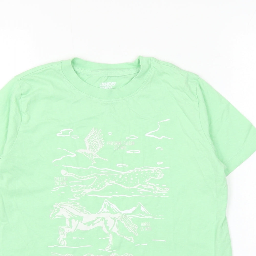 Lands' End Boys Green Cotton Basic T-Shirt Size 10 Years Round Neck Pullover - Animal