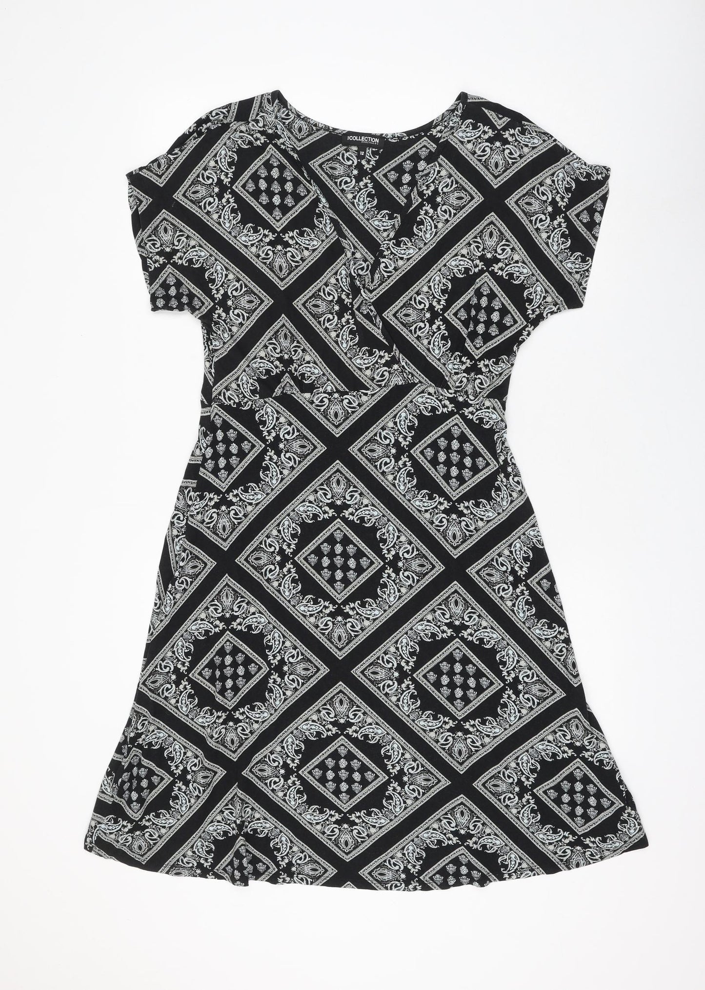 Debenhams Womens Black Geometric Viscose A-Line Size 12 V-Neck Pullover
