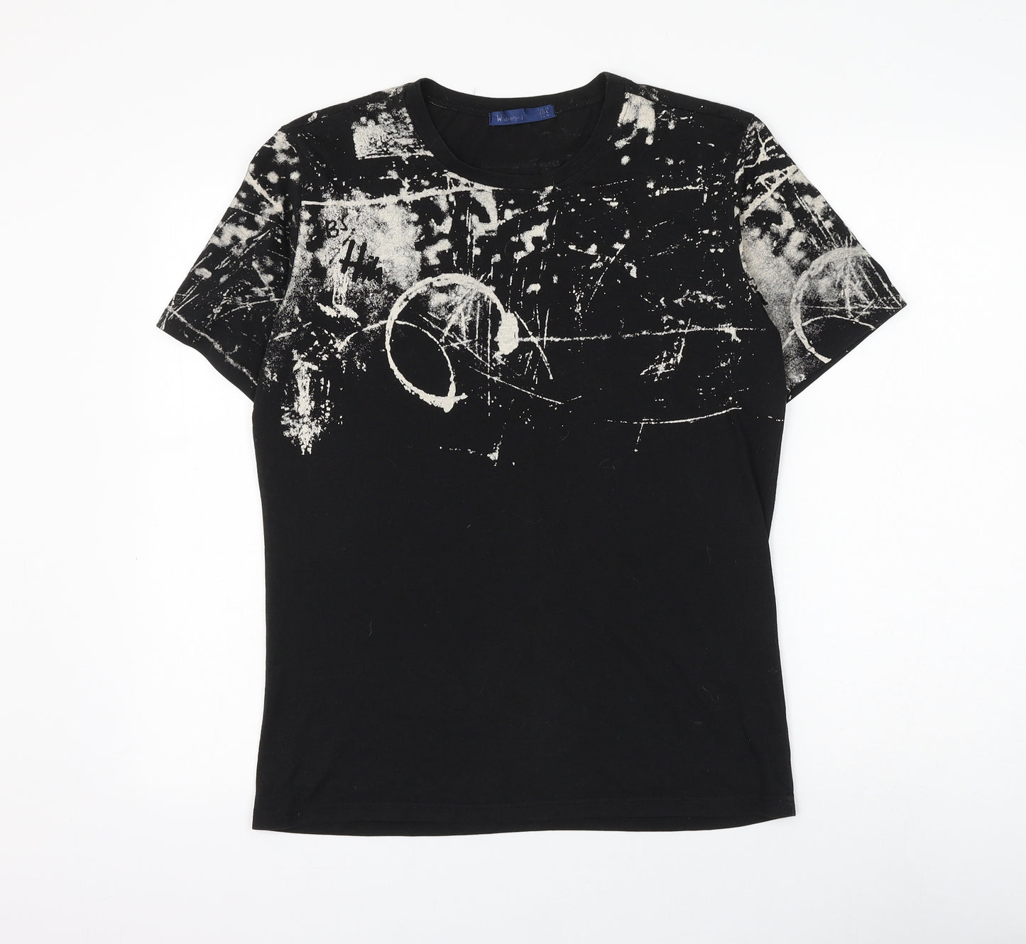 Preworn Mens Black Geometric Polyester T-Shirt Size M Round Neck