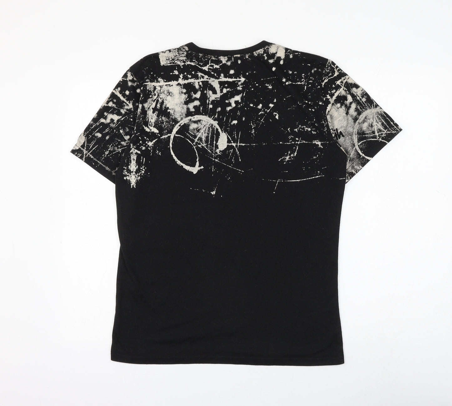 Preworn Mens Black Geometric Polyester T-Shirt Size M Round Neck