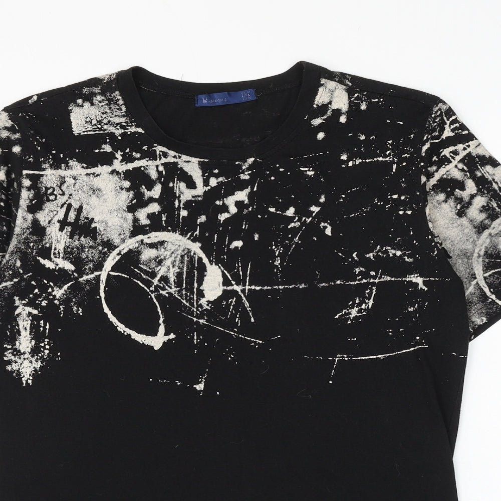 Preworn Mens Black Geometric Polyester T-Shirt Size M Round Neck