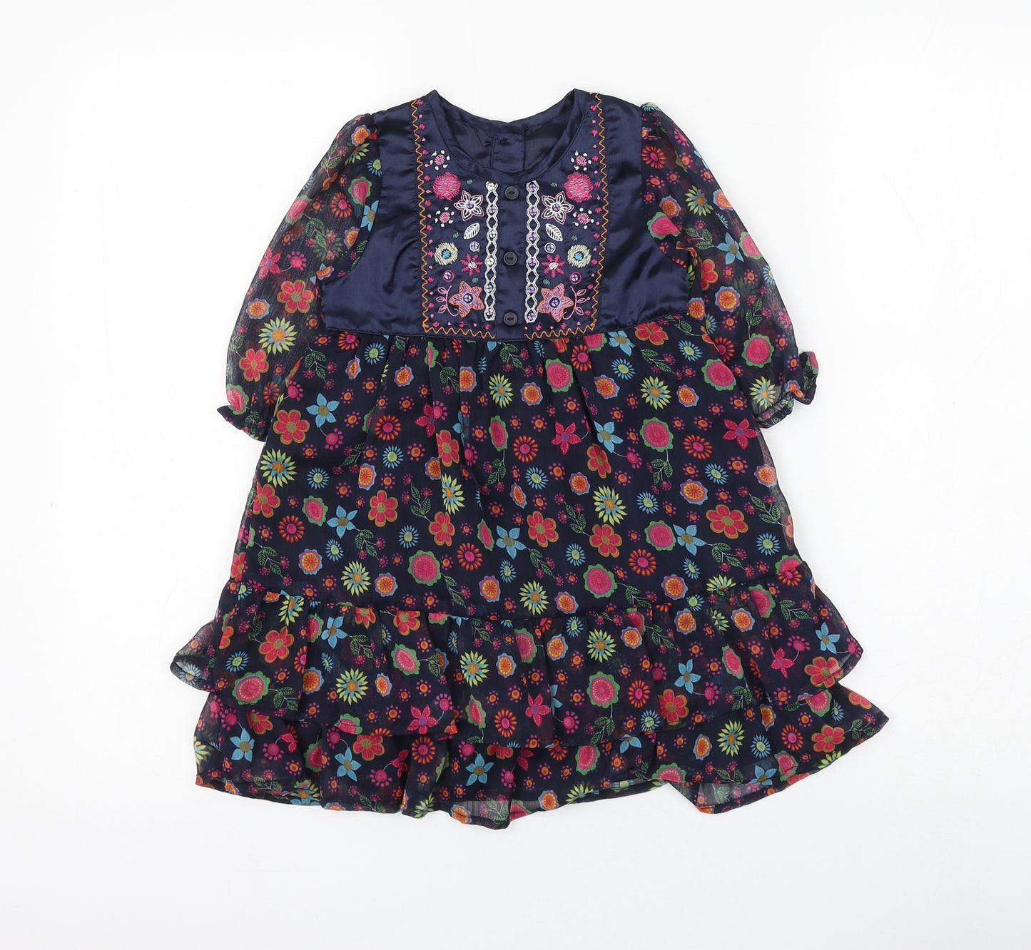 Matalan Girls Blue Floral Polyester Shift Size 18-24 Months Round Neck Button