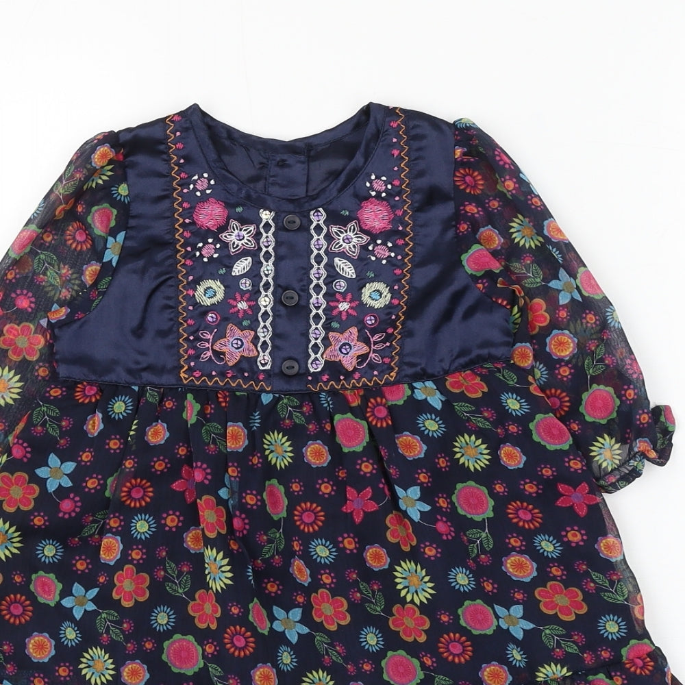 Matalan Girls Blue Floral Polyester Shift Size 18-24 Months Round Neck Button