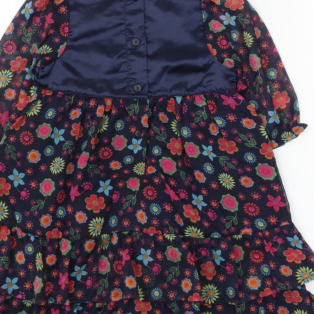 Matalan Girls Blue Floral Polyester Shift Size 18-24 Months Round Neck Button
