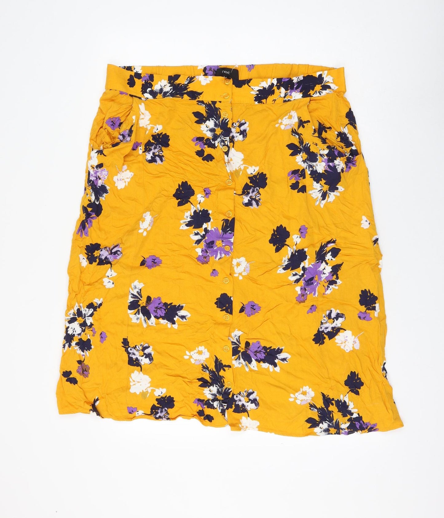 NEXT Womens Yellow Floral Viscose A-Line Skirt Size 20 Button