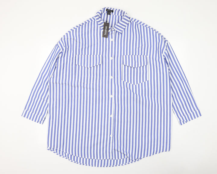 Boohoo Womens Blue Striped Polyester Basic Button-Up Size 16 Collared