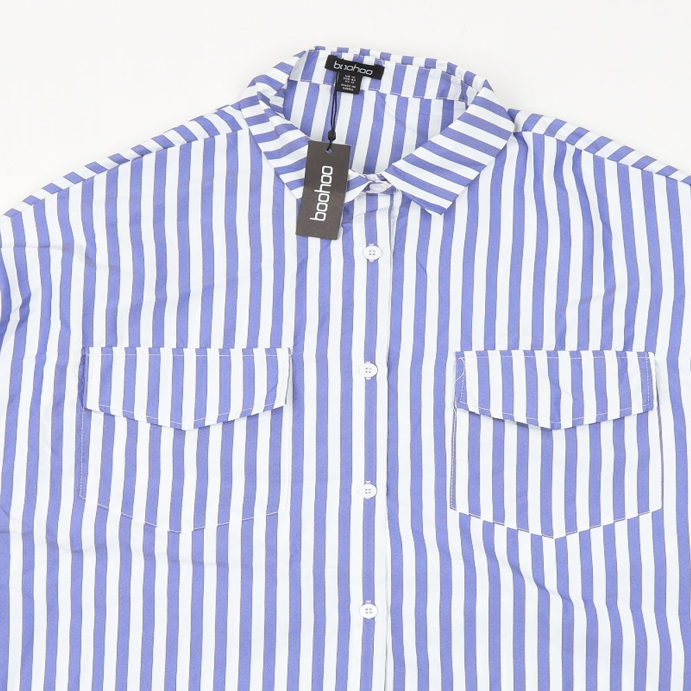 Boohoo Womens Blue Striped Polyester Basic Button-Up Size 16 Collared