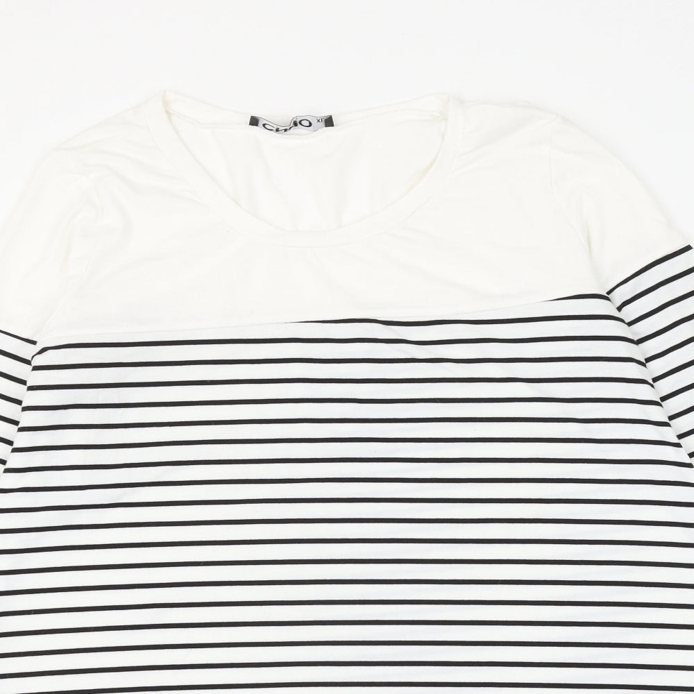 Cnfio Womens White Striped Polyester Basic Blouse Size XL Round Neck