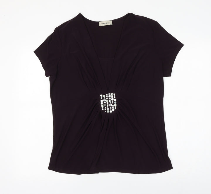 BASSINI Womens Purple Polyester Basic Blouse Size 16 V-Neck