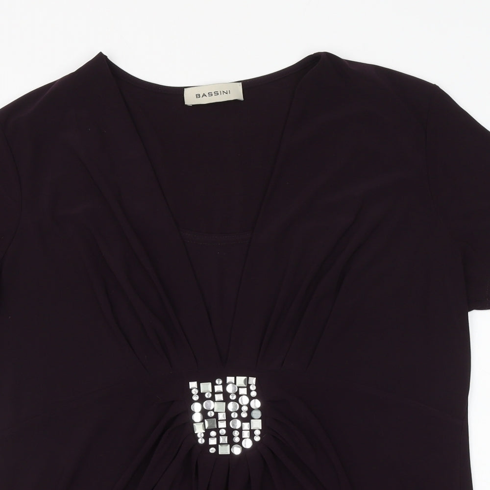 BASSINI Womens Purple Polyester Basic Blouse Size 16 V-Neck