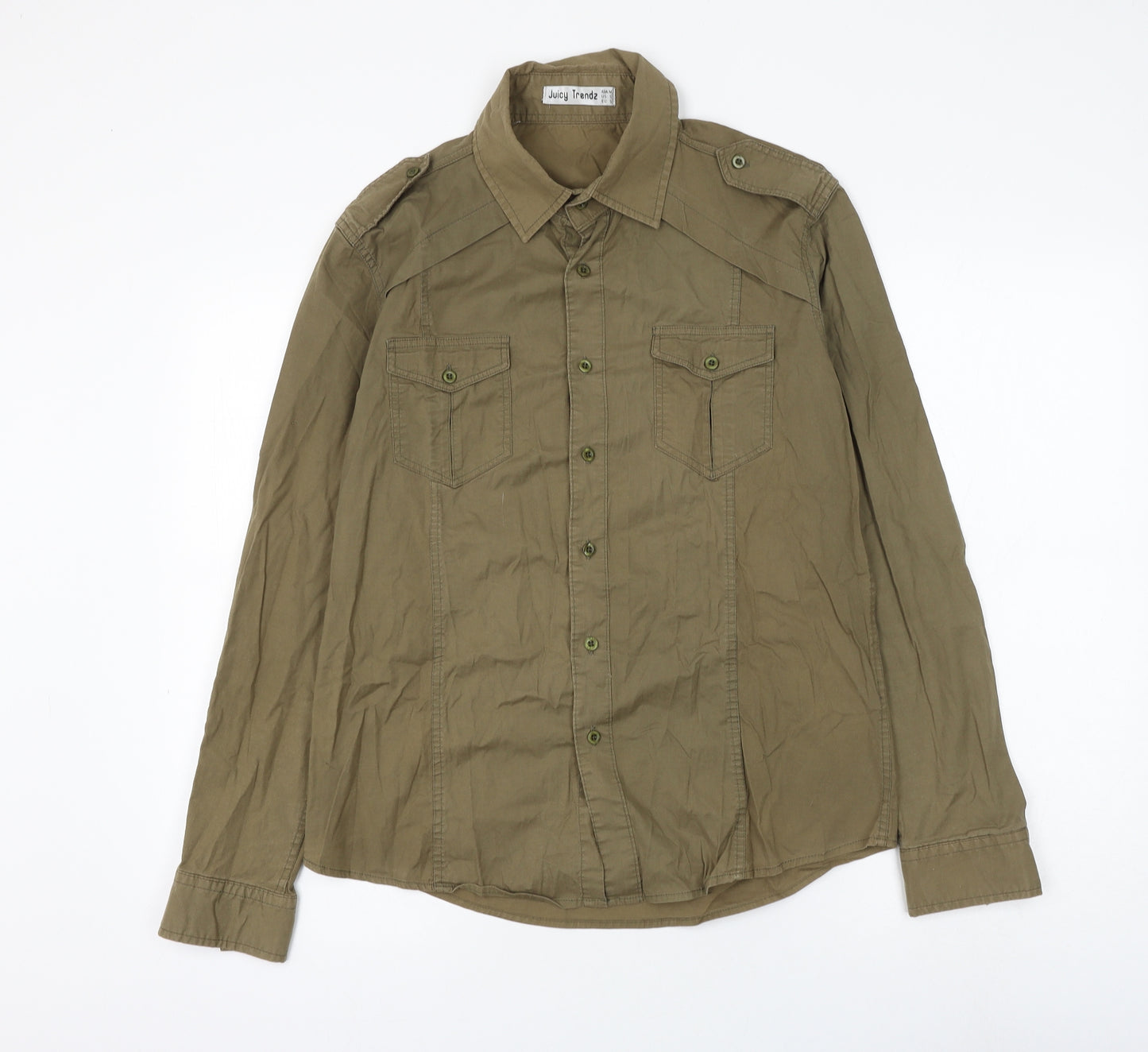 Juicy Trends Womens Green Cotton Basic Button-Up Size S Collared