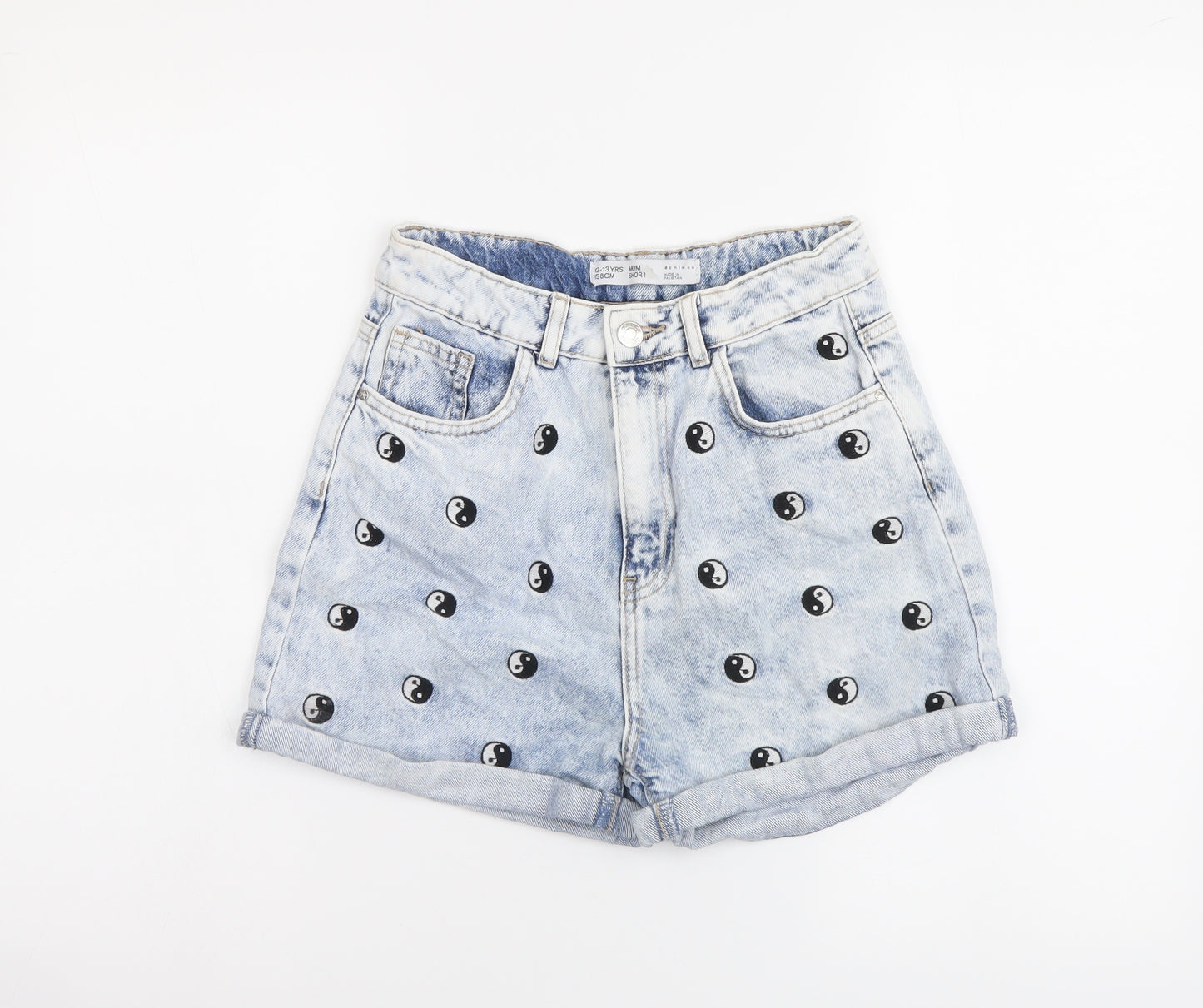 Denim & Co. Girls Blue Geometric Cotton Mom Shorts Size 12-13 Years Regular Zip - Ying Yang Detail
