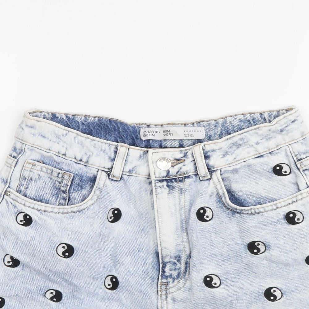 Denim & Co. Girls Blue Geometric Cotton Mom Shorts Size 12-13 Years Regular Zip - Ying Yang Detail