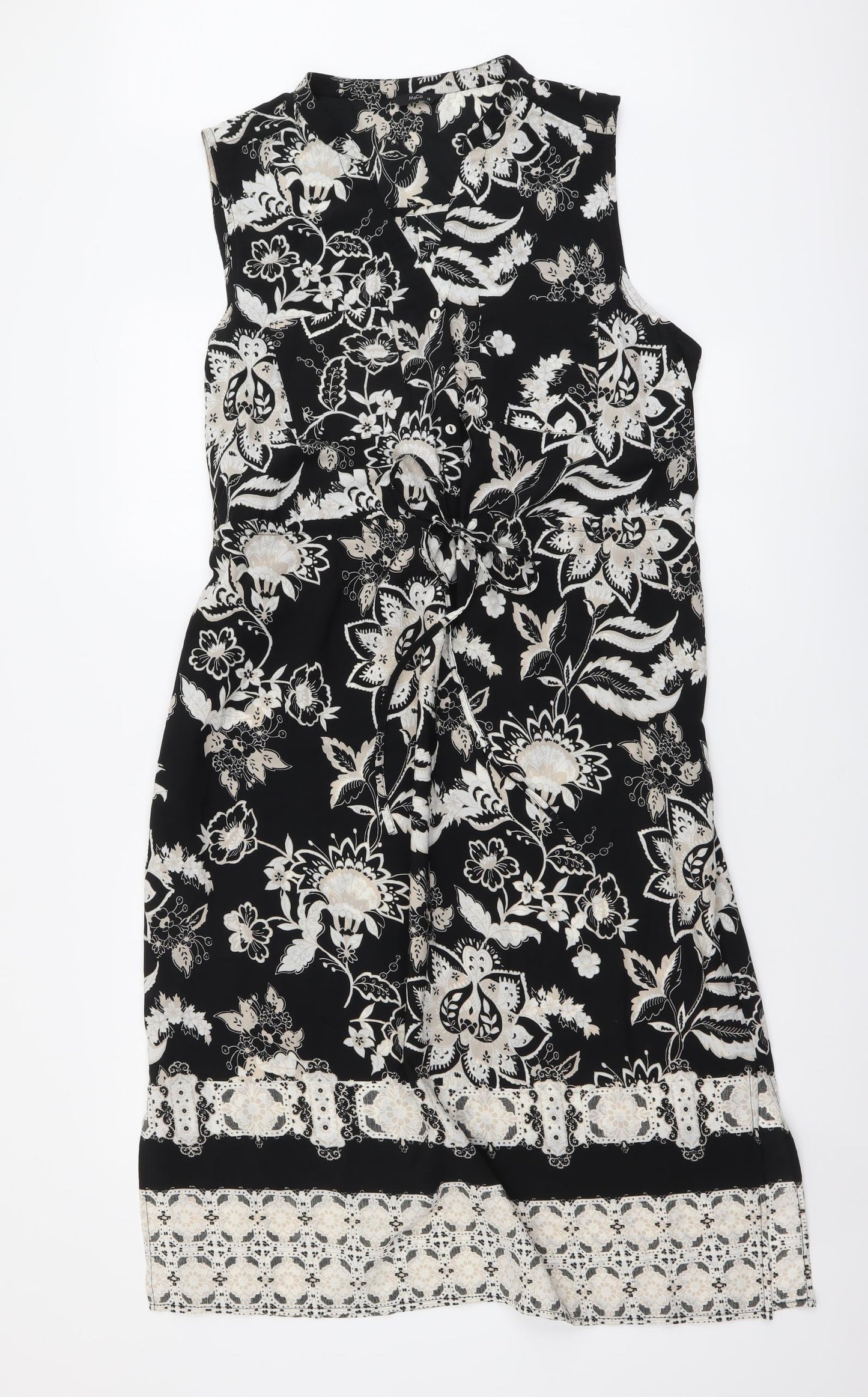 M&Co Womens Black Floral Polyester A-Line Size 16 V-Neck Button