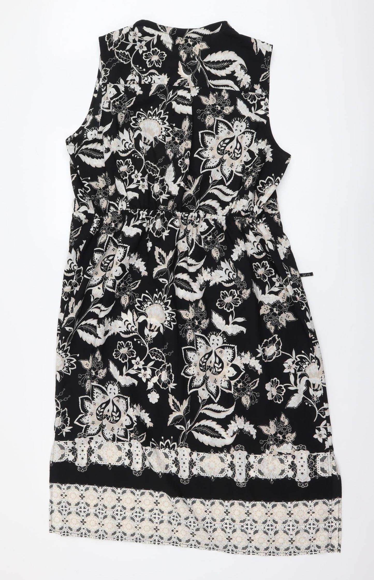 M&Co Womens Black Floral Polyester A-Line Size 16 V-Neck Button